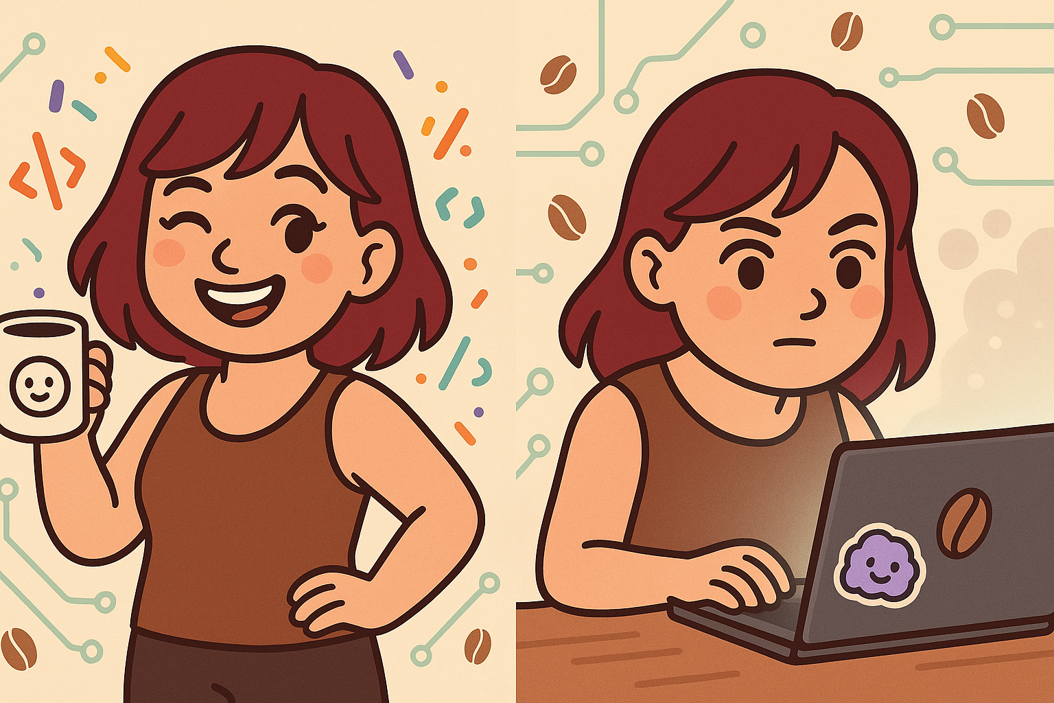 Ilustração da Enaile sorrindo com caneca e laptop