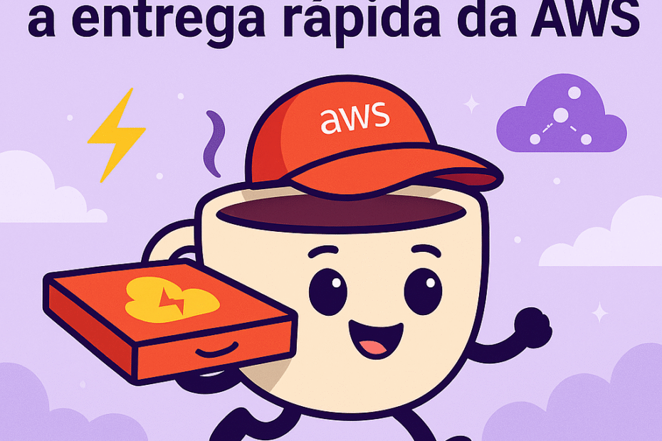 Ilustração divertida mostrando o mascote Caffeudo, uma caneca marrom-claro com rosto expressivo e contorno preto grosso, vestido como entregador de pizza. Ele segura uma caixa com o logotipo da AWS e um raio amarelo representando velocidade. Ao fundo, nuvens lilás e ícones de conexão simbolizam o Amazon CloudFront como o “delivery da nuvem”. Estilo flat, tech-fofo e colorido, no padrão visual do site TI com Café & Neurônios.