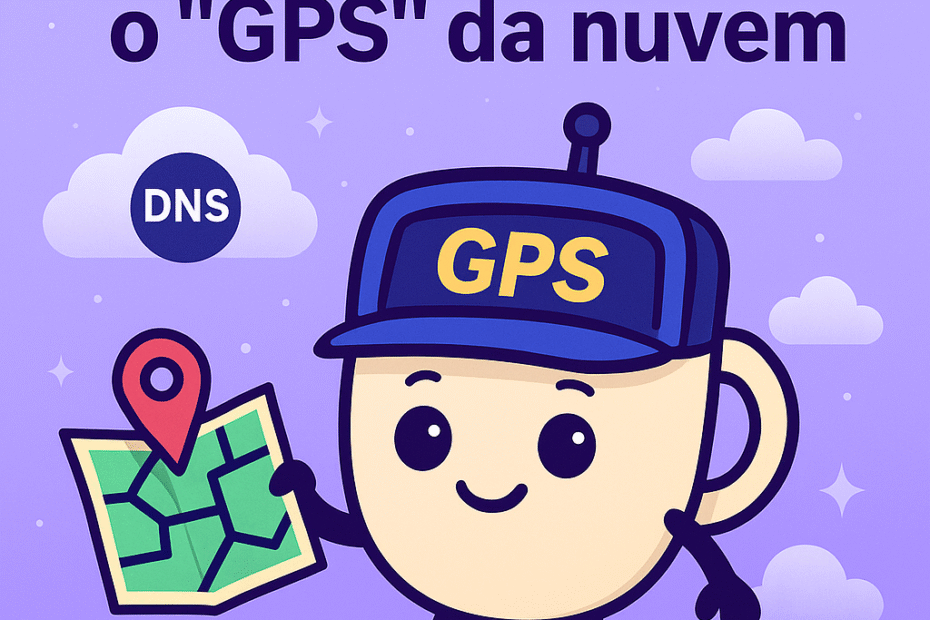 Ilustração divertida mostrando o mascote Caffeudo, uma caneca marrom-claro com rosto expressivo e contorno preto grosso, segurando um mapa com um grande pin de localização vermelho. Ao fundo, nuvens lilás e ícones sutis de DNS e rotas representam o Amazon Route 53 como o “GPS da nuvem”. Estilo flat e colorido, no padrão visual do site TI com Café & Neurônios.